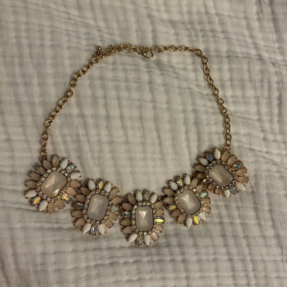 Gold Chain Statement Necklace with Cream and Iridescent Stones